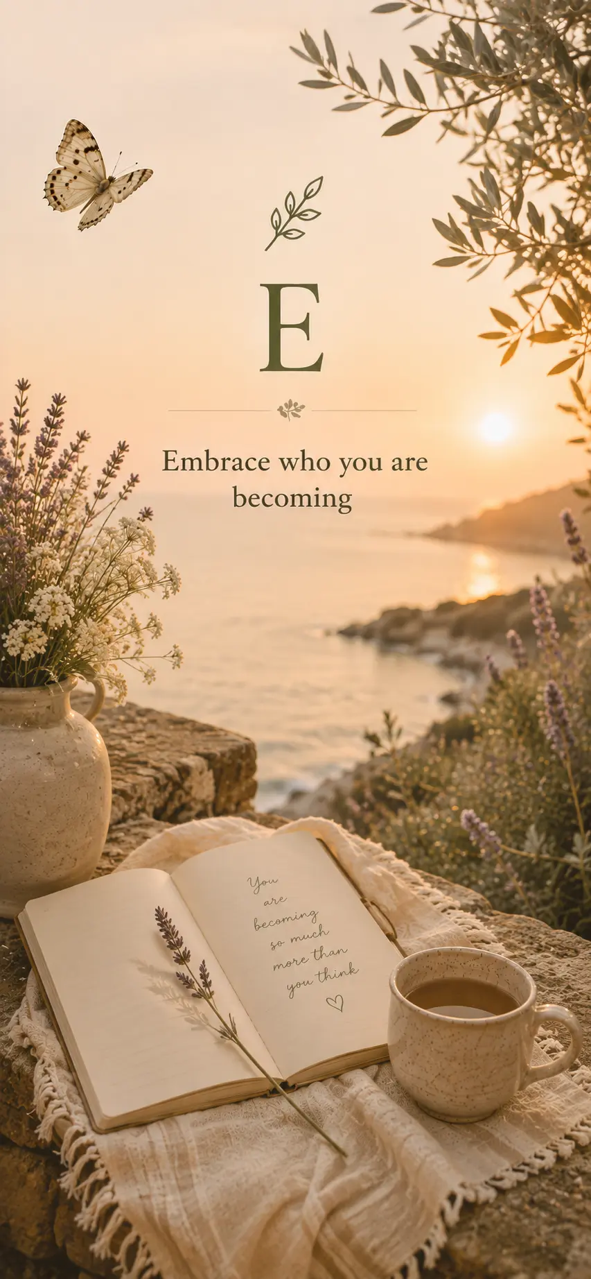 Phone wallpaper: Embrace who you are becoming, with lavender, a journal and mug above the sea