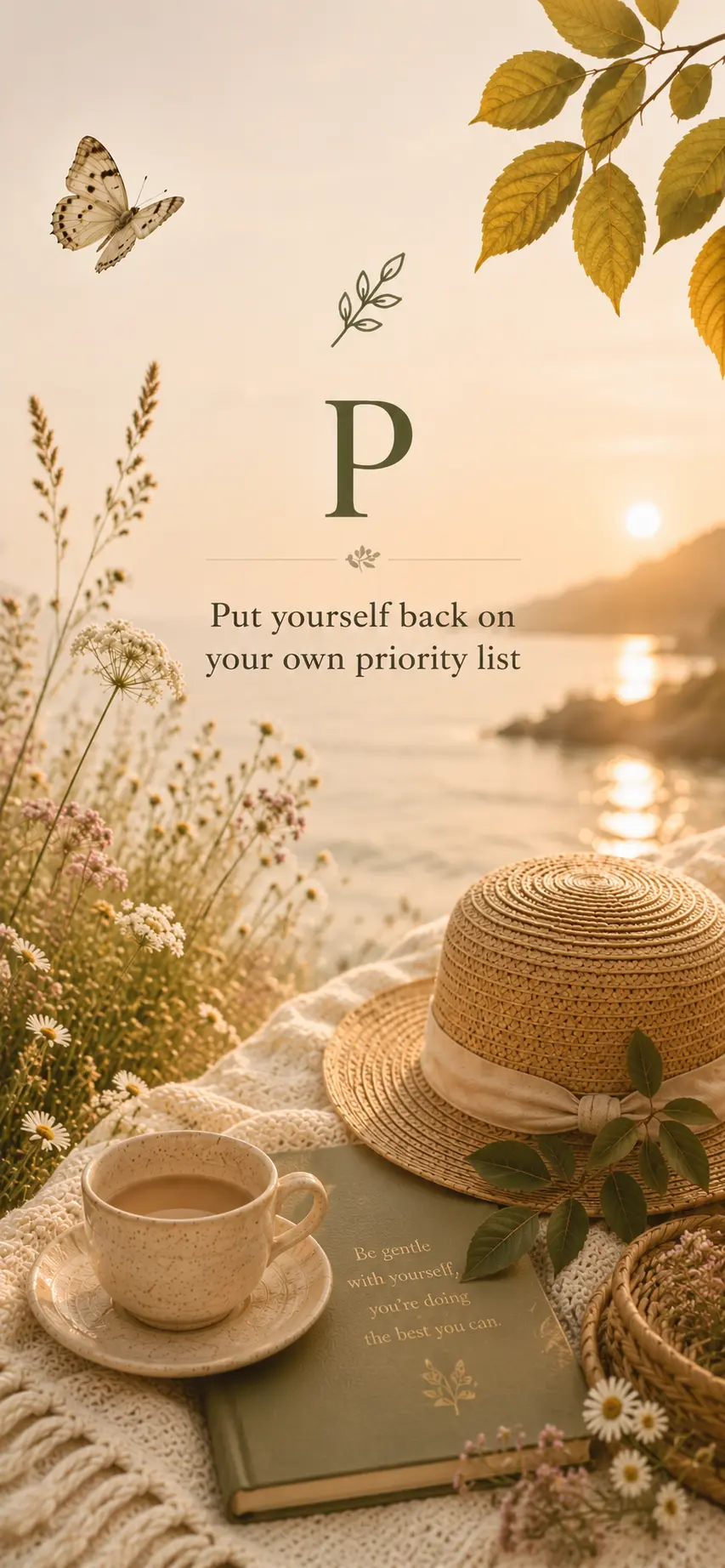 Phone wallpaper: Put yourself back on your own priority list, with a straw hat, tea and journal by the coast