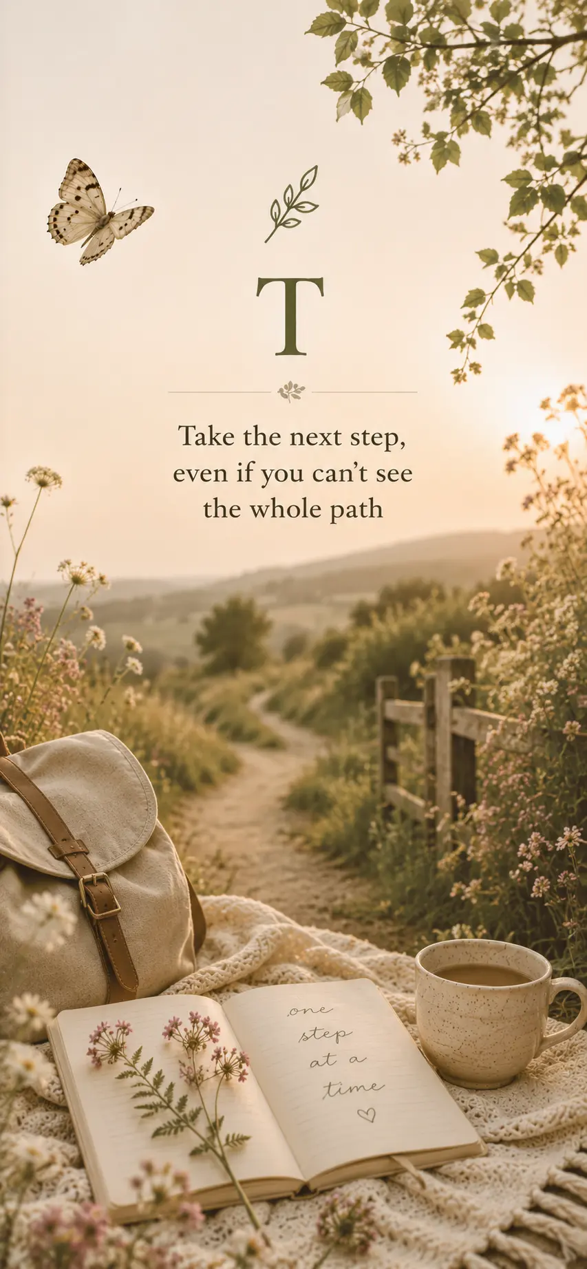 Phone wallpaper: Take the next step, even if you can't see the whole path, with an open journal on a country lane