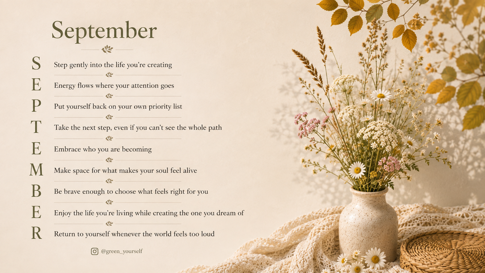 September Calm Collection desktop wallpaper: the nine September affirmations beside a vase of wildflowers and golden autumn leaves