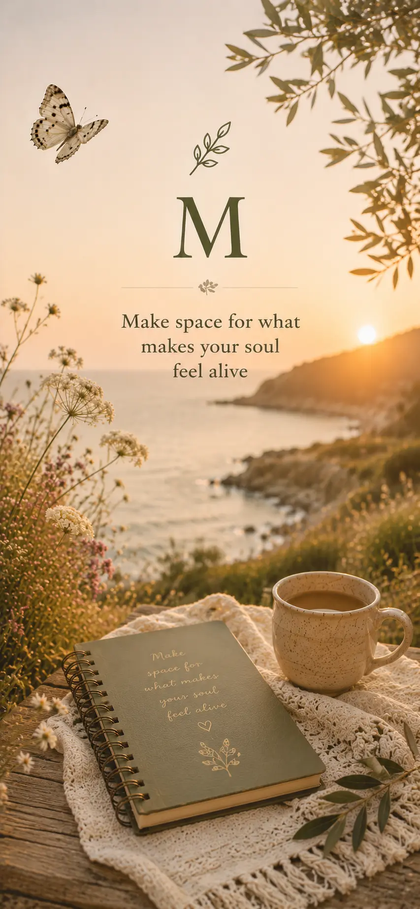 Phone wallpaper: Make space for what makes your soul feel alive, with an olive journal and mug at sunset