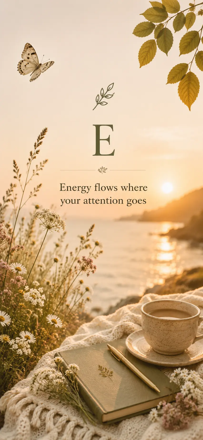 Phone wallpaper: Energy flows where your attention goes, with a journal and mug by the sea at golden hour
