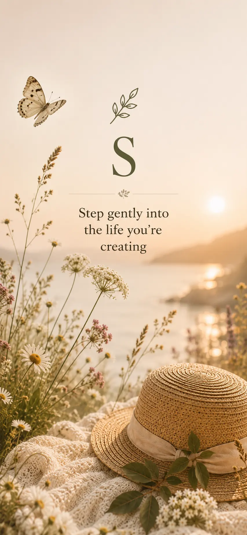 Phone wallpaper: Step gently into the life you're creating, over a coastal sunset with wildflowers and a straw hat