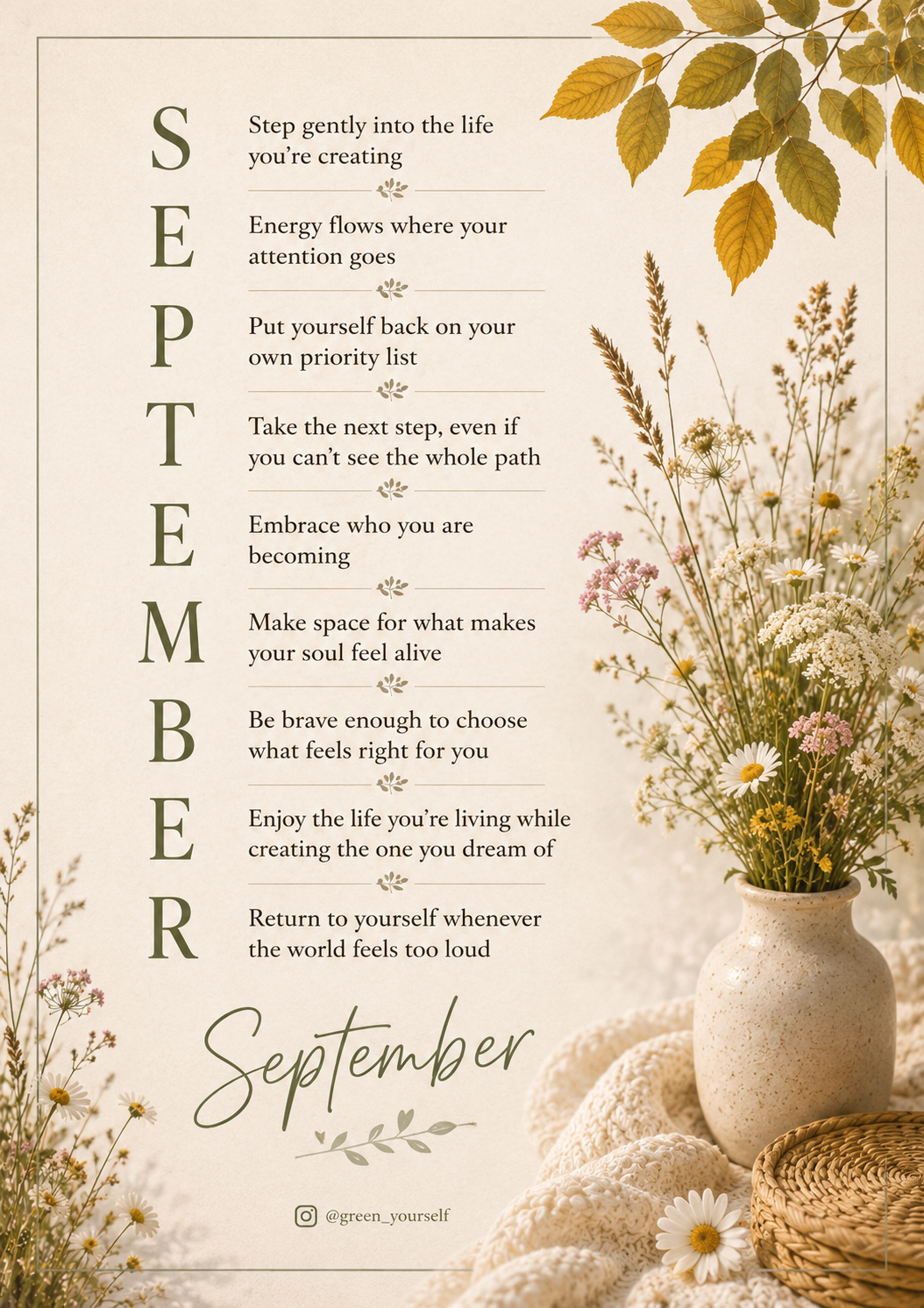 Printable A4 September Affirmations page with the nine affirmations, botanical dividers and a wildflower still life